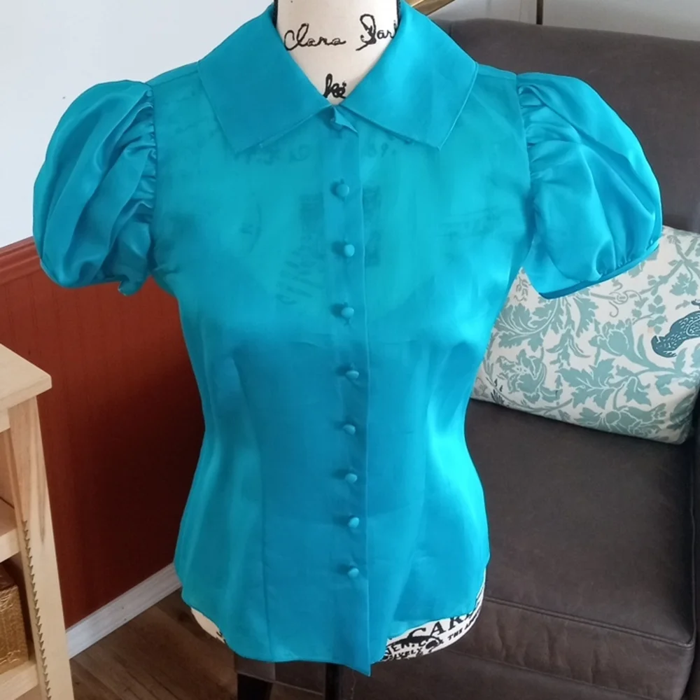 Ralph Lauren purple label women's blouse 100% silk size 6 turquoise color - Picture 7 of 17